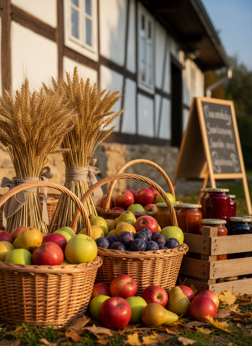 A refined autumn harvest display set up in front of a traditional Polish farmhouse, captured in photographic realism. Large woven wicker baskets overflow with colorful apples, pears, and plums, while neatly arranged bundles of wheat and rye stand upright, tied with simple linen ribbons. A carved wooden crate holds jars of homemade preserves in jewel-like colors, and a small chalkboard-style sign is present but turned away to avoid visible text. Fallen golden leaves dot the ground. The farmhouse façade, with its white plaster walls and dark timber beams, forms a softly blurred backdrop. Late afternoon sunlight bathes the scene in warm tones, highlighting textures of straw, wood, and fruit. Shot at a low angle for depth and presence, the mood is celebratory yet understated, reflecting the organized efforts of a rural women’s group without depicting any people.