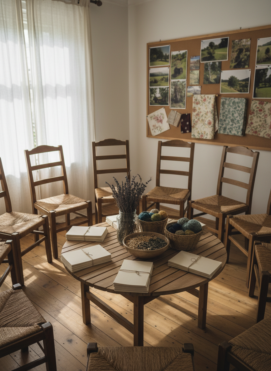 An atmospheric interior of a modest village meeting room arranged for a workshop, photographed in realistic detail. A circle of simple wooden chairs surrounds a central low table holding neatly stacked notebooks, a glass jar of dried herbs, small baskets with naturally dyed yarn, and a ceramic bowl filled with seeds and grains. On one wall, a large cork board displays pinned landscape photos and fabric swatches, all blurred enough to avoid readable text. Afternoon light filters through sheer curtains, creating soft, diffused illumination and gentle, elongated shadows on the polished wooden floor. The camera is positioned at eye level with a slightly wide lens, capturing the full space with balanced composition. The mood is calm, organized, and thoughtful, representing an educational gathering hosted by a village women’s association, yet featuring no human figures.