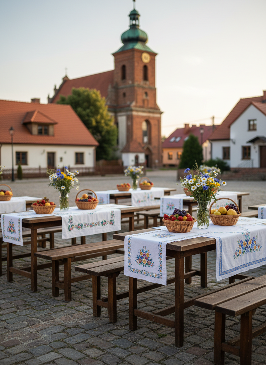 A neatly arranged outdoor scene in a small Polish village square prepared for a summer festival, with rows of wooden benches and simple tables adorned with hand-embroidered table runners, wicker baskets filled with seasonal fruits, and vases holding wildflower bouquets in white, blue, and yellow. In the background, an old brick church tower and traditional houses with red-tile roofs are softly out of focus. The setting is captured at golden hour, warm sunlight washing over the scene and creating long, gentle shadows across the cobblestones. Photographic realism, wide-angle view with a slightly elevated perspective, emphasizing community and tradition. The mood is festive yet tasteful and sophisticated, suggesting a well-organized non-profit event by a rural women’s association, with no people visible anywhere.
