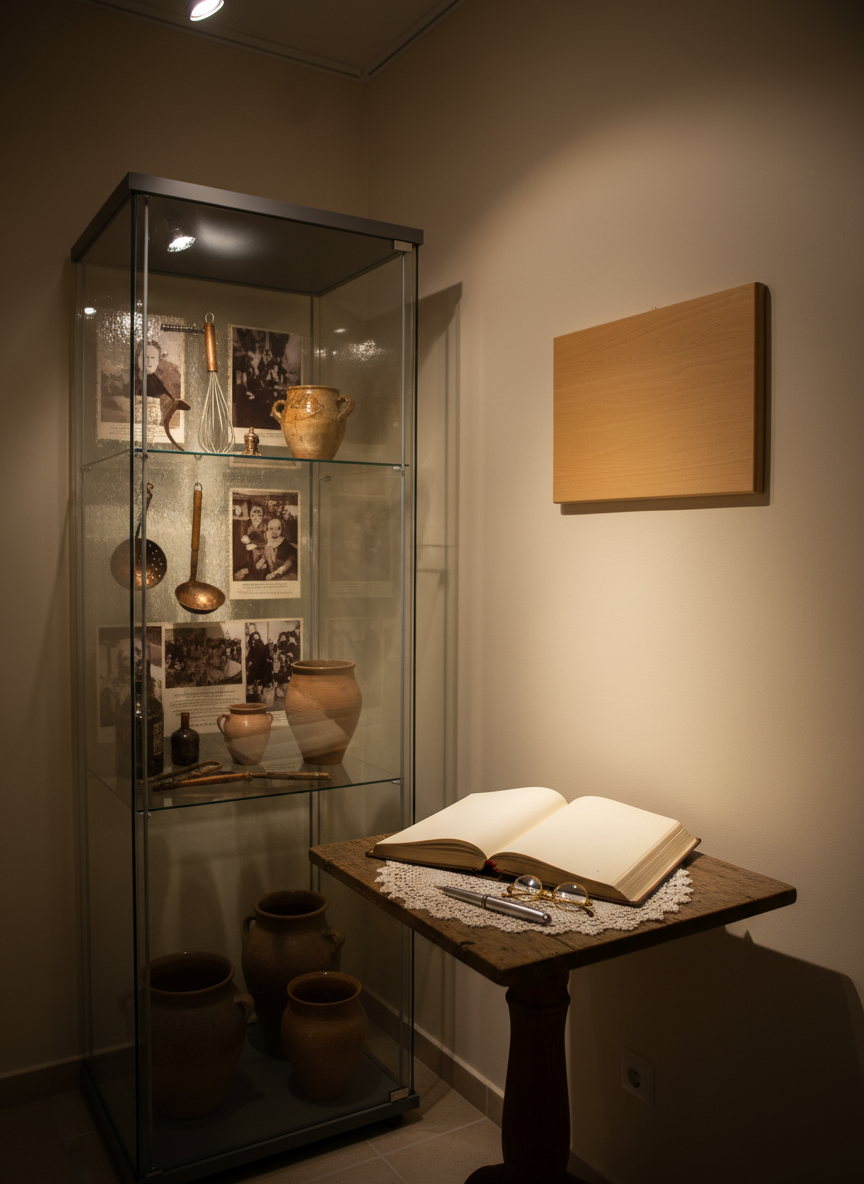 A neatly arranged exhibition corner in a village cultural center, showcasing the history of a rural women’s organization through objects rather than people. On a simple pedestal table lies an open, blank leather-bound notebook, an antique fountain pen, and a pair of vintage reading glasses beside a lace doily. Nearby stands a glass display case with old kitchen utensils, hand-thrown clay pots, and labeled but unreadable archival photos gently blurred behind the glass. The walls are painted in warm, neutral tones, with a subtle wooden plaque shape visible but without text. Soft, focused gallery lighting from above creates precise highlights on the glass and metal, while the rest of the room falls into soft shadows. Photographic realism, slightly elevated angle, contemplative and dignified atmosphere highlighting continuity and heritage without showing any people.