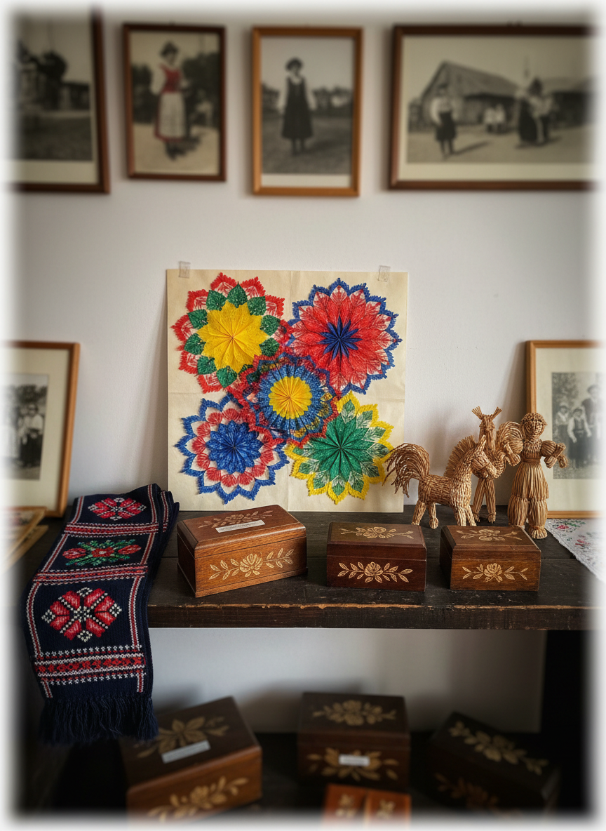 A close-up, photographic composition of traditional folk handicrafts displayed on a dark wooden shelf: intricately cut paper wycinanki in rich primary colors layered against cream backing, finely woven straw figurines, and small, polished wooden boxes decorated with subtle floral carvings. A folded sash in regional folk patterns, deep navy with red and white geometric designs, rests beside them. The background is a softly blurred interior of a village cultural room with light-colored walls and framed archival village photos. Soft, diffused overcast daylight from a nearby window gives even illumination, creating gentle, detailed shadows that emphasize texture. Captured straight-on with sharp focus on the objects and mild vignetting, the mood is respectful and archival, underlining the preservation of local heritage by a sophisticated rural women’s non-profit group, without including any people or text.