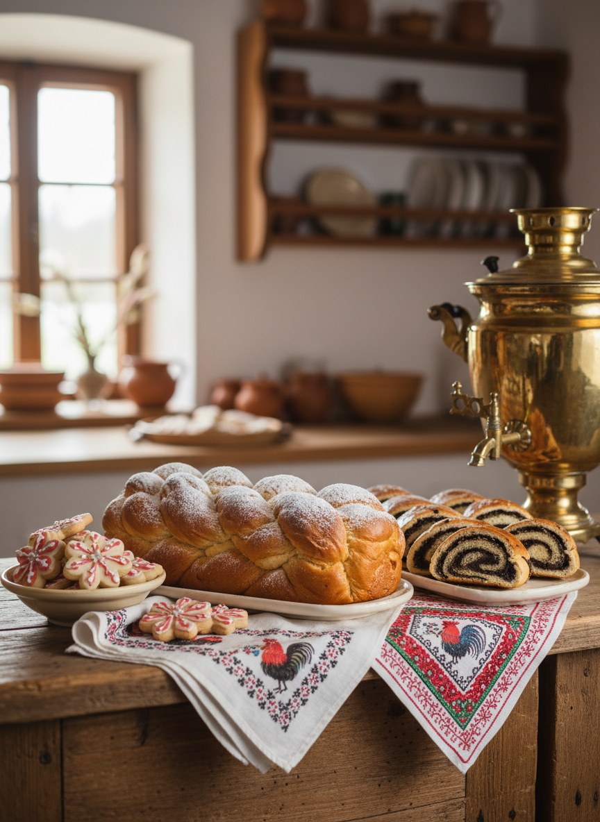 An elegant still life of traditional Polish baked goods arranged on a rustic wooden counter: a golden, braided yeast cake dusted with powdered sugar, neatly aligned poppy seed rolls with glossy tops, and small, meticulously decorated cookies shaped like flowers. Beside them lie folded embroidered napkins with intricate red-and-white folk motifs and a polished brass samovar reflecting the surroundings. The background shows a softly blurred farmhouse-style kitchen interior with whitewashed walls and open wooden shelves. Soft morning daylight streams from a side window, creating subtle highlights on the pastries’ textures and gentle shadows. The photographic composition uses the rule of thirds with a shallow depth of field, creating a refined, inviting mood that celebrates local traditions and the careful work of a village women’s circle, without any human figures.